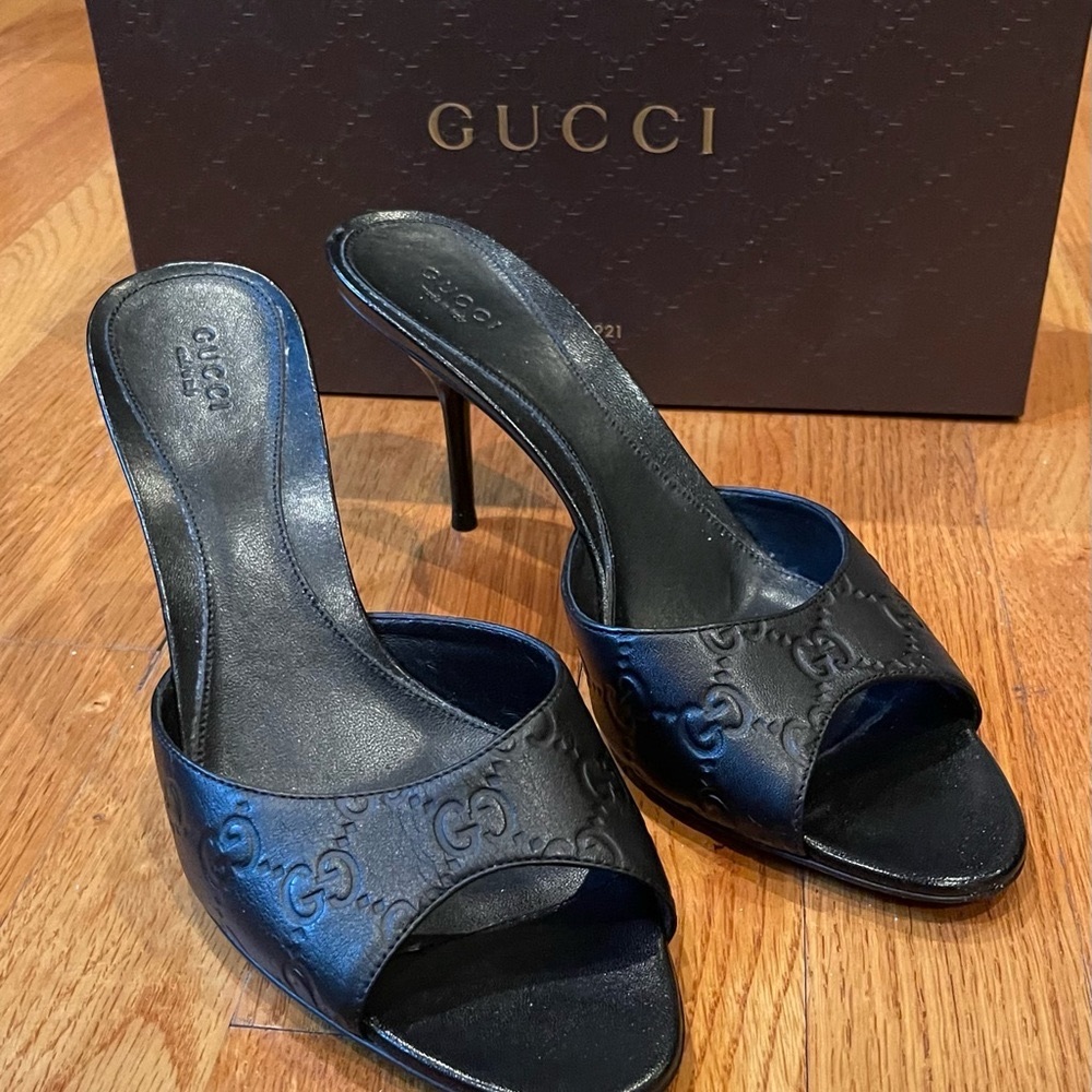 GUCCI Aleppo Peep Toe Slide Heels Black Leather - US 9